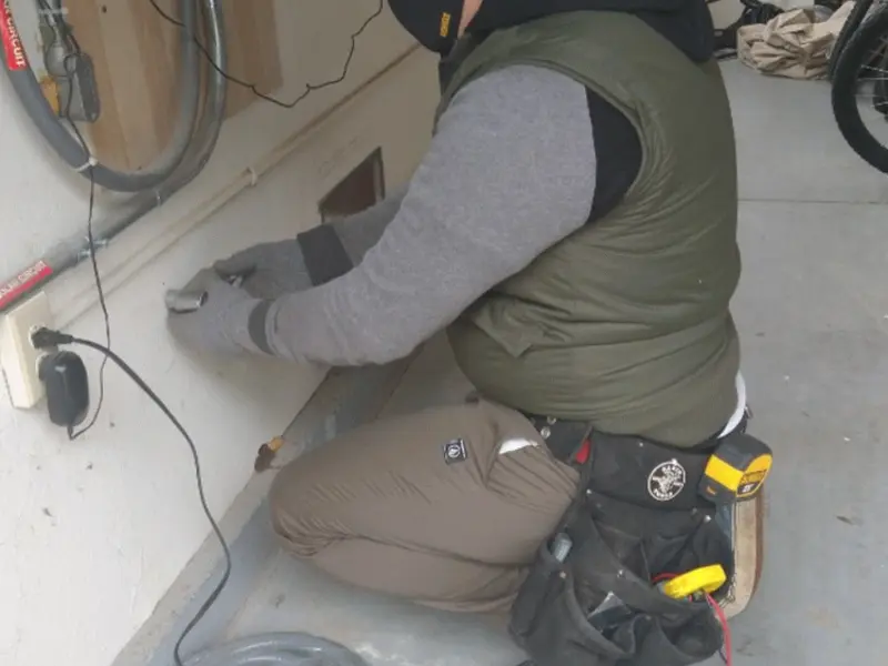 Electrician performing outlet wiring in a Lake Oswego garage